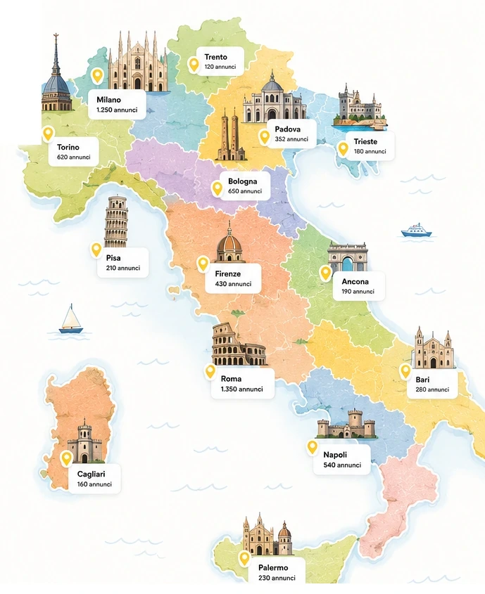 Mappa illustrata dell'Italia con città universitarie e monumenti